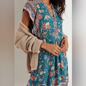 By ANTHROPOLOGIE Zenia Floral Flutter Sleeve Teal Mini Dress- SP